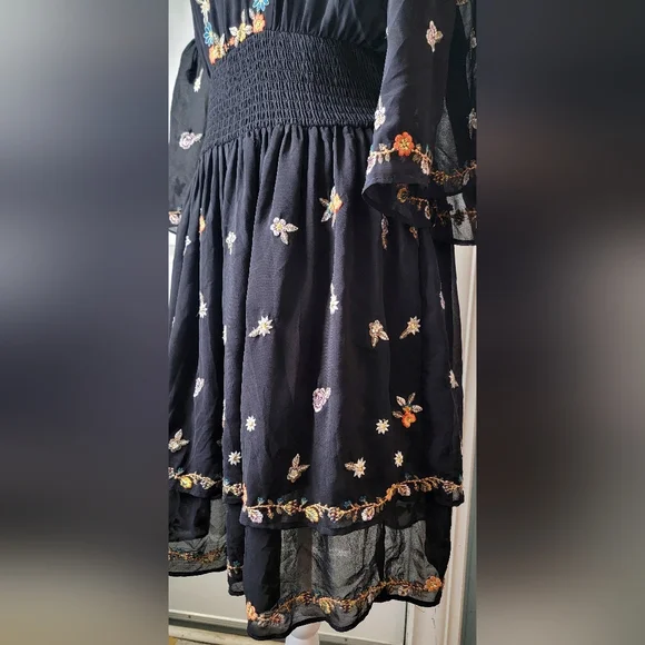 Anthropologie Maeve Anfisa Floral Embroidered Chiffon Mini Dress Womens 2 Black - Picture 9 of 16